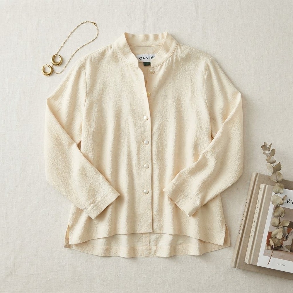 Orvis Silk Blouse Women 20 Ivory Damask Jacquard Mandarin Collar Quiet Luxury